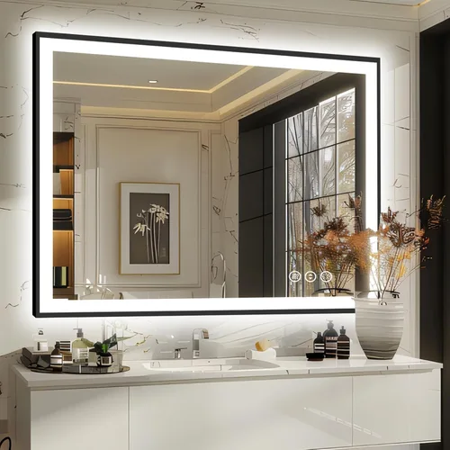 Miniatura 9 de Espejo de baño LED de 20 x 28 pulgadas para pared, marco negro (metal, aluminio), luz frontal y retroiluminada, 3 colores y espejo de tocador