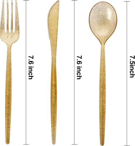 Miniatura 8 de Supernal Juego de 180 piezas de cubiertos de plástico dorados. Cubiertos de plástico duraderos en color dorado con brillo para fiestas. Cubiertos