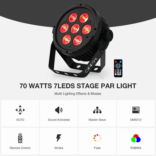 Miniatura 3 de Par de luz LED para escenario: 70 W RGBWA 5 en 1 LED par puede activar por sonido múltiples modos por control remoto y control DMX para eventos