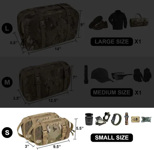 Miniatura 42 de Juego de 4 cubos de embalaje tácticos, bolsa de almacenamiento de malla compresible, organizador portátil Edc Molle.