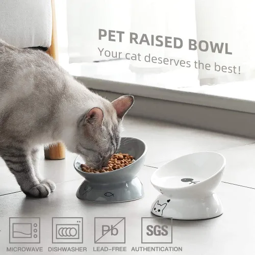 Miniatura 2 de Sweejar Cuencos elevados de cerámica para gatos, platos inclinados para alimentos o agua, cuenco elevado de porcelana para mascotas, protege