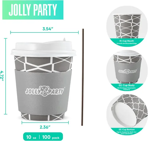 Miniatura 2 de JOLLY PARTY [100 Sets] Tazas de papel para café de 10 onzas, tazas de café desechables con tapas, fundas y popotes, tazas para bebidas