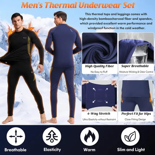 Miniatura 4 de romision 2 Pack Thermal Underwear for Men Long Johns Fleece Lined Hunting Gear Bottom Top Set Base Layer Cold Weather XS-4XL