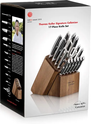 Miniatura 8 de Cangshan Thomas Keller Signature Collection - Juego de bloques de cuchillos de 17 piezas de acero forjado en polvo sueco, nogal, negro