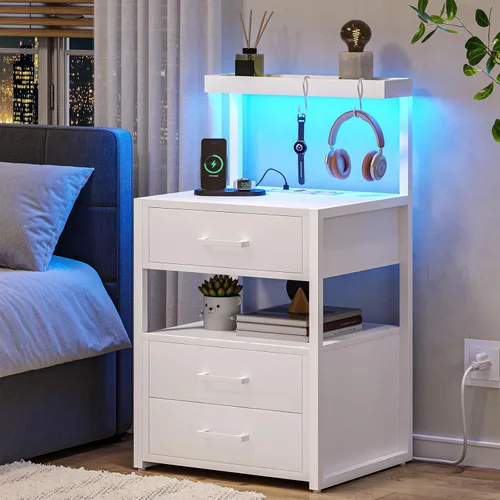 Miniatura 9 de VIAGDO Mesita de noche LED con estación de carga, 3 cajones con luces LED, mesitas de noche negras con estantes de almacenamiento, mesas auxiliares