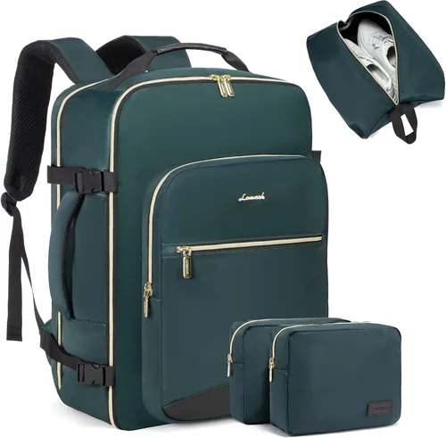 LOVEVOOK Mochila de viaje grande de 40L para mujeres y hombres, mochila de mano aprobada por aerolíneas, Verde-negro, Mochila de viaje con estilo