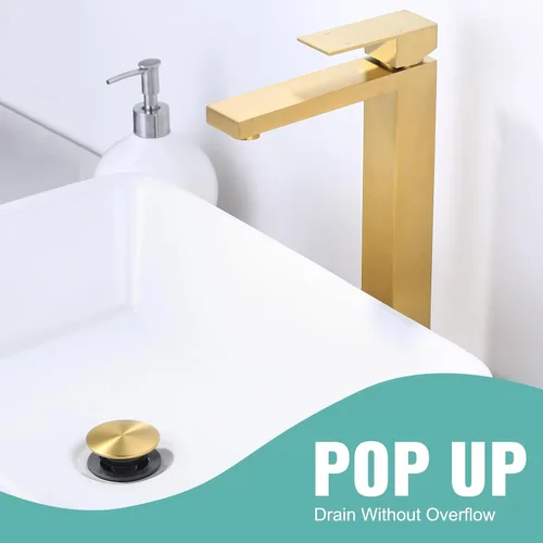 Miniatura 5 de Drenaje de fregadero de baño sin desbordamiento, tapón emergente ARCORA de oro cepillado para fregadero de recipiente con botón de clic