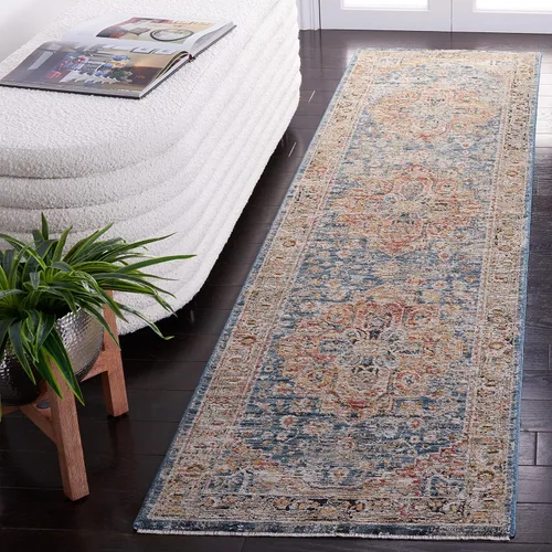 SAFAVIEH Silverado Collection - Alfombra para pasillo, 2 x 8 pies, azul y óxido, diseño vintage envejecido, no desprende pelusa y de fácil cuidado,