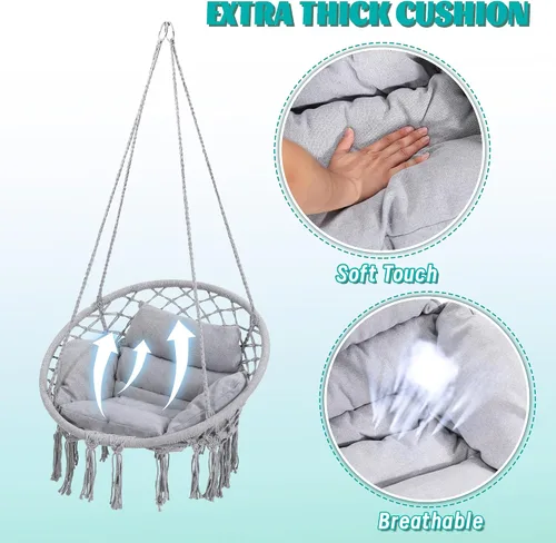 Miniatura 3 de KROFEM Silla Hamaca Colgante Balanceante de Macramé con Cojín Mediano, Perfecta para Dormitorio, Porche, Adultos, Balcón, Gris Gris ordinario