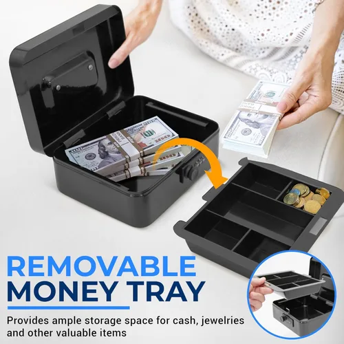 Miniatura 2 de Serenelife Caja de metal de 8 pulgadas con cerradura Caja de seguridad para efectivo con bandeja de dinero 5 cajones con cerradura Bandeja
