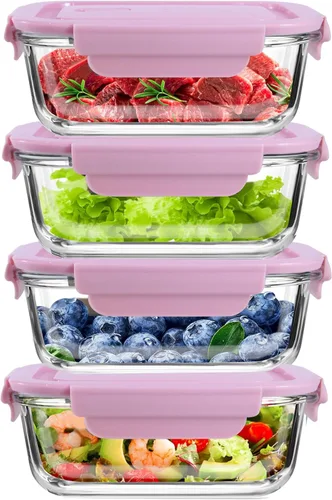 Paquete de 4 recipientes de vidrio de 13 onzas / 0.37 L con tapas, recipientes de almacenamiento de vidrio con tapas, sin BPA, organizadores y Rosa