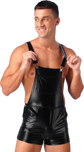 Miniatura 2 de Overol corto metálico brillante para hombre, con correas ajustables, enterizo de una pieza para fiesta, vestido elegante para club
