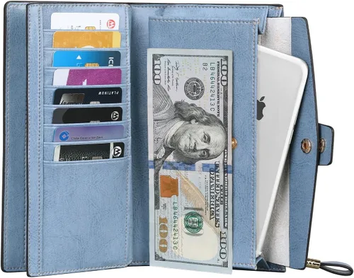 Miniatura 26 de Itslife - Cartera de piel sintética encerada para mujer con bloqueo de identificación de radio frecuencia (RFID), de gran capacidad, encerada