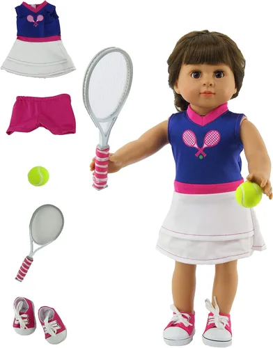 American Fashion World Conjunto de tenis morado y blanco para muñecas de 18 pulgadas | Juego de 5 piezas | Calidad premium y diseño moderno | Ropa