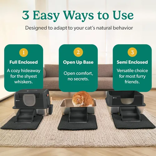 Miniatura 2 de Caja de arena para gatos de acero inoxidable con tapa, diseño XL 3 en 1 para gatos de interior, caja de arena de acero inoxidable, máxima privacidad