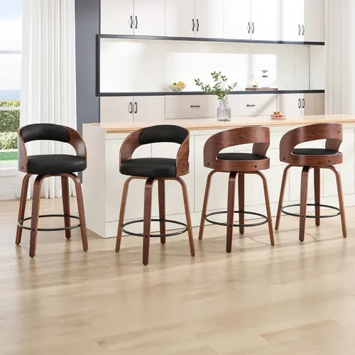 Miniatura 16 de Juego de 1 taburete de bar giratorio, 26" de cuero sintético tapizado, altura de mostrador con respaldo, silla de bar moderna de mediados de siglo