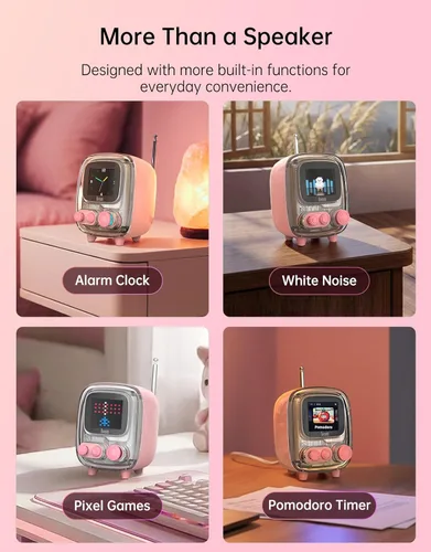 Miniatura 3 de Divoom Tiivoo-2 - Altavoz retro Bluetooth con radio FM, arte de píxeles, mini, portátil, inalámbrico, pequeño, de diseño vintage, adecuado para Rosa