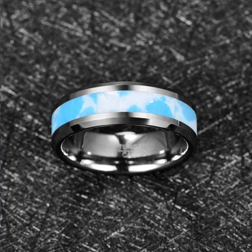 Miniatura 4 de MEILING LINGMEI Mens Tungsten Rings 8mm Blue and White Artificial Stone Inlay Wedding Bands Comfort Fit Size 7-12
