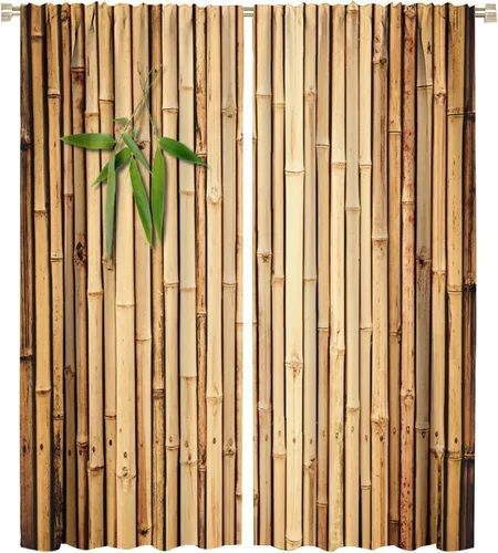 Miniatura 26 de Cortinas con estampado de bambú, tallos y hojas de bambú, temática oriental natural, oscurecimiento de habitación, ventana, ventana, cortina