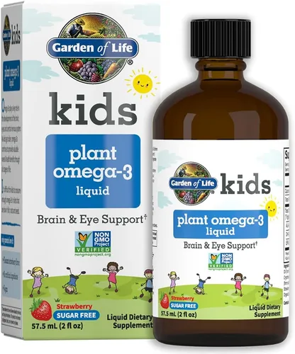 Garden of Life Kids Plant Omega-3 Liquid, fresa - Soporte vegano para el cerebro y los ojos para niños, suplemento de ALA, DHA y EPA para niños a