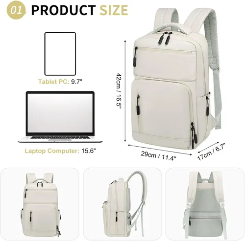Miniatura 3 de Mochila impermeable para portátil para hombres y mujeres, aprobada para vuelos, antirrobo, con funda para portátil de 15.6 pulgadas (Beige)