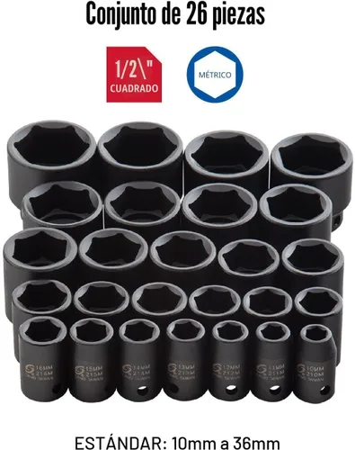 Miniatura 2 de Sunex 2645, juego de llaves de impacto de 1/2 pulgada, 26 piezas, métricas, 10 mm-36 mm, acero de aleación CR-MO, diseño de esquina radio, estuche