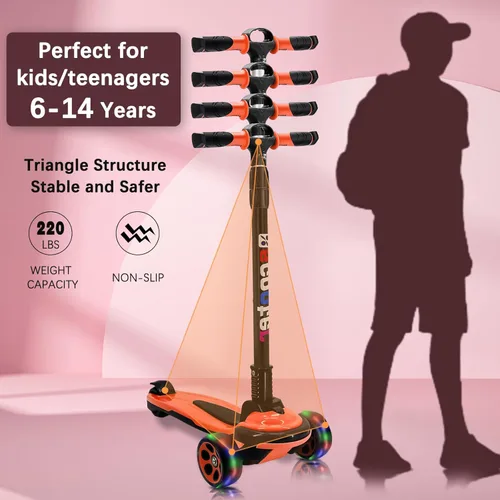 Miniatura 2 de Patinete de 3 ruedas para niños y adolescentes de 6 a 18 años, cubierta extra ancha, 4 alturas ajustables y manubrio plegable, LED intermitente, Azul