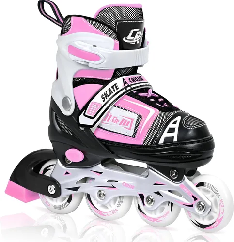 Patines en línea ajustables para niños, adolescentes y adultos - Rodamientos ABEC-7, ruedas de poliuretano, ajuste cómodo, para patinaje en Rosado