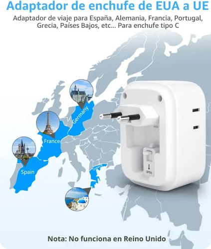 Miniatura 3 de LENCENT - Adaptador de enchufe de viaje europeo, enchufe plegable tipo C de Estados Unidos a Europa con 4 tomas, 4 puertos USB (2 USB C), adaptador
