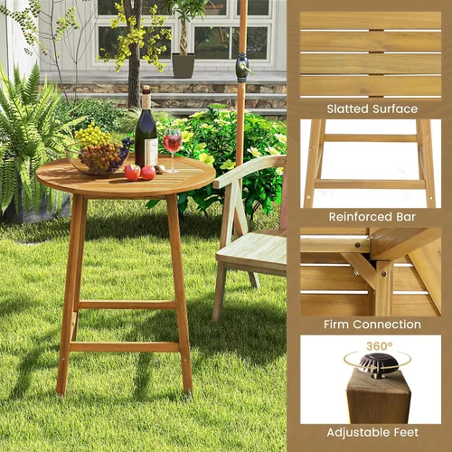 Miniatura 8 de Tangkula Mesa de bar de madera de acacia de 31.5 pulgadas, mesa redonda de bistró con agujero para paraguas, mesa de comedor al aire libre