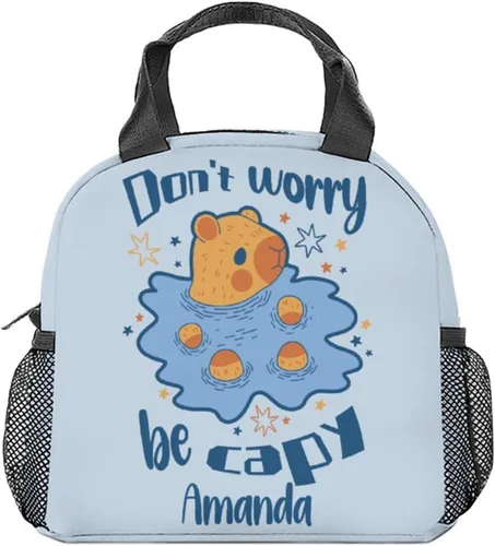Miniatura 9 de Lonchera para niñas y niños, reutilizable, plegable, aislada, con asa, pequeña, azul, con estampado de animales, ideal para la escuela, picnic