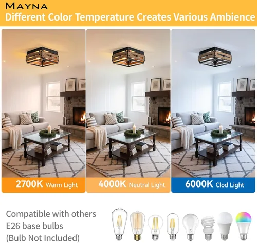 Miniatura 4 de MAYNA Lámpara de techo de granja, lámpara de techo rústica de 2 luces con montaje empotrado de metal y madera, accesorios de iluminación de pasillo