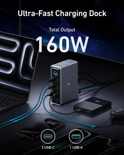 Miniatura 7 de Estación de acoplamiento Anker Prime, 14 puertos con salida máxima de 160W, transferencia de datos rápida de 10Gbps, interfaz inteligente en tiempo
