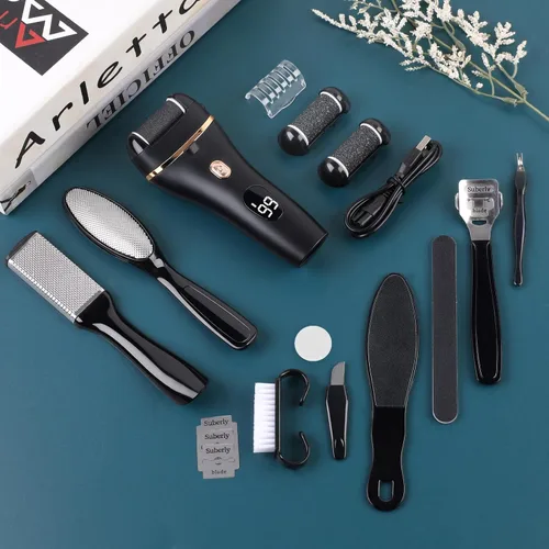 Miniatura 8 de Limpiador eléctrico de pies, kit de pedicura 17 en 1, removedor de callos para pies, lima eléctrica de pies para piel seca y muerta, 3 rodillos