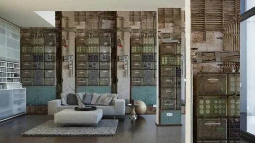 Miniatura 5 de CONCORD WALLCOVERINGS ™ Mural de pared abstracto para dormitorio, maquinaria retro, gris, verde, beige, 63 pulgadas de ancho x 110 pulgadas de alto