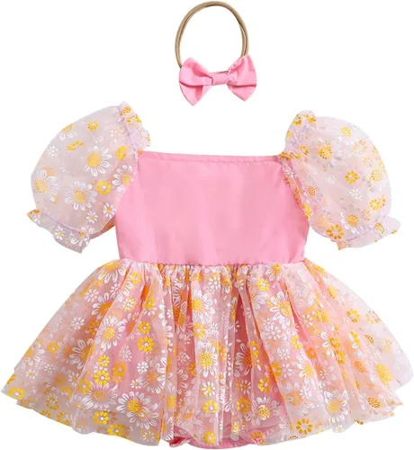 Miniatura 13 de IDOPIP Conjunto de 2 piezas para bebé recién nacido, con diadema, bordado de flores, tutú, princesa, fiesta de cumpleaños, conjunto de ropa