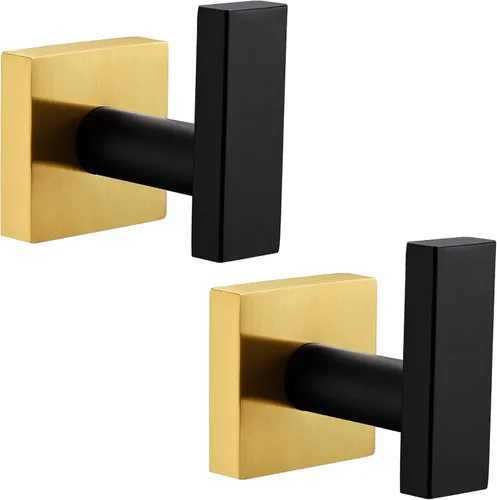 Angle Simple Paquete de 2 ganchos para toallas de baño, soporte para bata de baño de acero inoxidable SUS 304 montado en la pared, negro y dorado