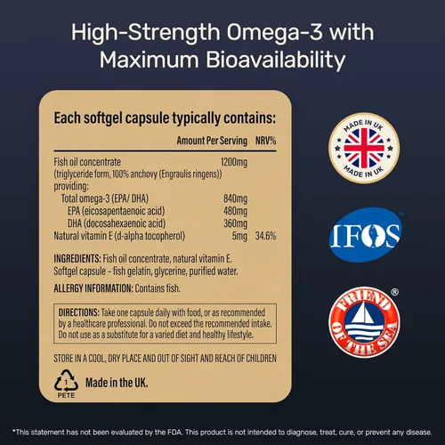 Miniatura 3 de Aceite de pescado Omega 3 1200 mg (480 mg EPA/360 mg DHA por cápsula) de alta resistencia, ultra puro, respetuoso con el medio ambiente, 60