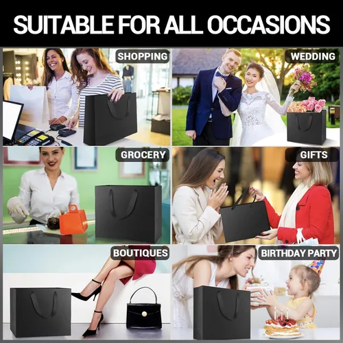 Miniatura 4 de EUSOAR Bolsas de regalo a granel, 30 bolsas de papel de estraza reutilizables con asa de artesanía de color negro resistente con 3 tamaños, bolsas