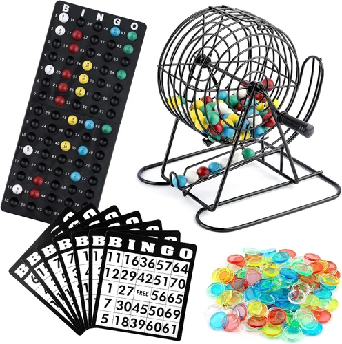 Homwom El juego de bingo de lujo incluye 18 cartas mixtas, 150 fichas vibrantes, 75 bolas de llamada, jaula de bingo de 8 pulgadas, juego de bingo