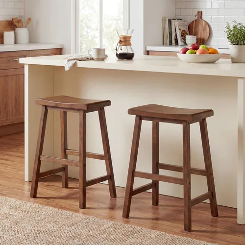 Miniatura 10 de COSTWAY Juego de 2 taburetes de madera maciza, sillas de mostrador sin respaldo de 24 pulgadas de altura con reposapiés, taburetes de madera