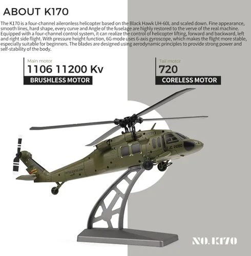 Miniatura 9 de WL K170 Blackk Hawk UH-60L 170, Helicópteros militares RC para adultos, 2.4G 4CH Flybarless Helicóptero RC con acelerador ajustable izquierdo