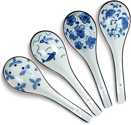 Miniatura 10 de 6 Piezas de Cucharas de Sopa de Cerámica Japonesa Retro, Cucharas de Sopa Asiáticas, Cucharas de Arroz de Estilo Japonés, Cubiertos Planos, Cucharas