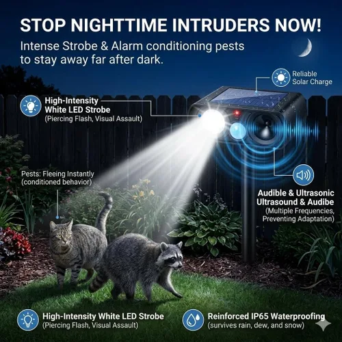 Miniatura 4 de Paquete de 4 repelentes de gatos Feral para exteriores, repelente de animales ultrasónico solar con detección de movimiento y luz de flash