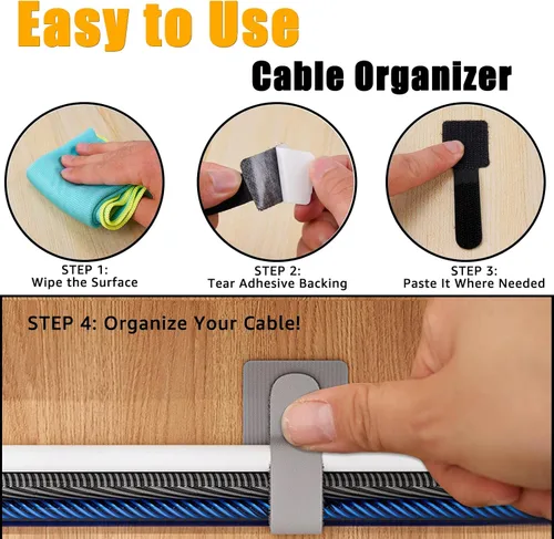 Miniatura 3 de 80 correas de cable de gancho y bucle, organización de cables debajo del escritorio, bridas adhesivas, organizadores de alambre reutilizables