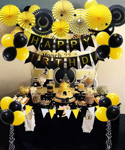 Miniatura 2 de Decoración de fiesta de color amarillo y negro – Cartel de feliz cumpleaños con globos, banderines triangulares, espirales colgantes, abanicos