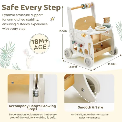 Miniatura 6 de labebe Andador de bebé de madera, Andador de empuje para bebé con muñeca, Andador de actividad con ruedas para niños de 18 meses +, velocidad
