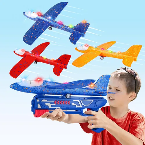 Miniatura 8 de Paquete de 3 juguetes de avión lanzador para niños, avión planeador de espuma LED de 12.6 pulgadas, 2 aviones catapulta con modo de vuelo, juguetes