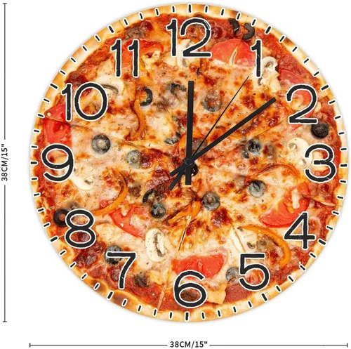 Miniatura 2 de Reloj redondo de madera para pared, comida y pizza, con números arábigos, silencioso, sin tictac, funciona con pilas, para decoración de casa