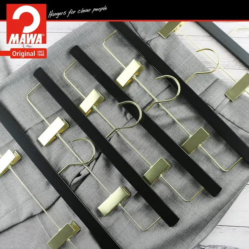 Miniatura 4 de MAWA by Reston Lloyd, Percha de madera europea, percha de madera de haya con clips ajustables para pantalones, gancho dorado giratorio, acabado
